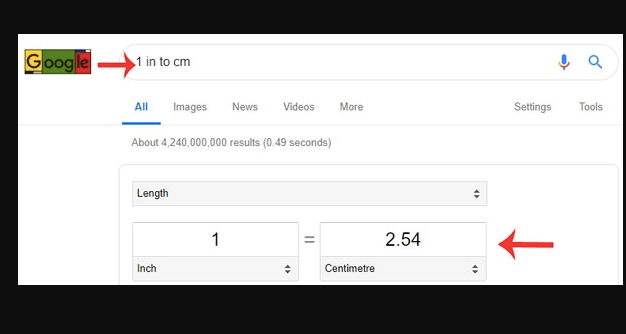 Chuyển đổi inch sang cm, mm, m bằng Search Google